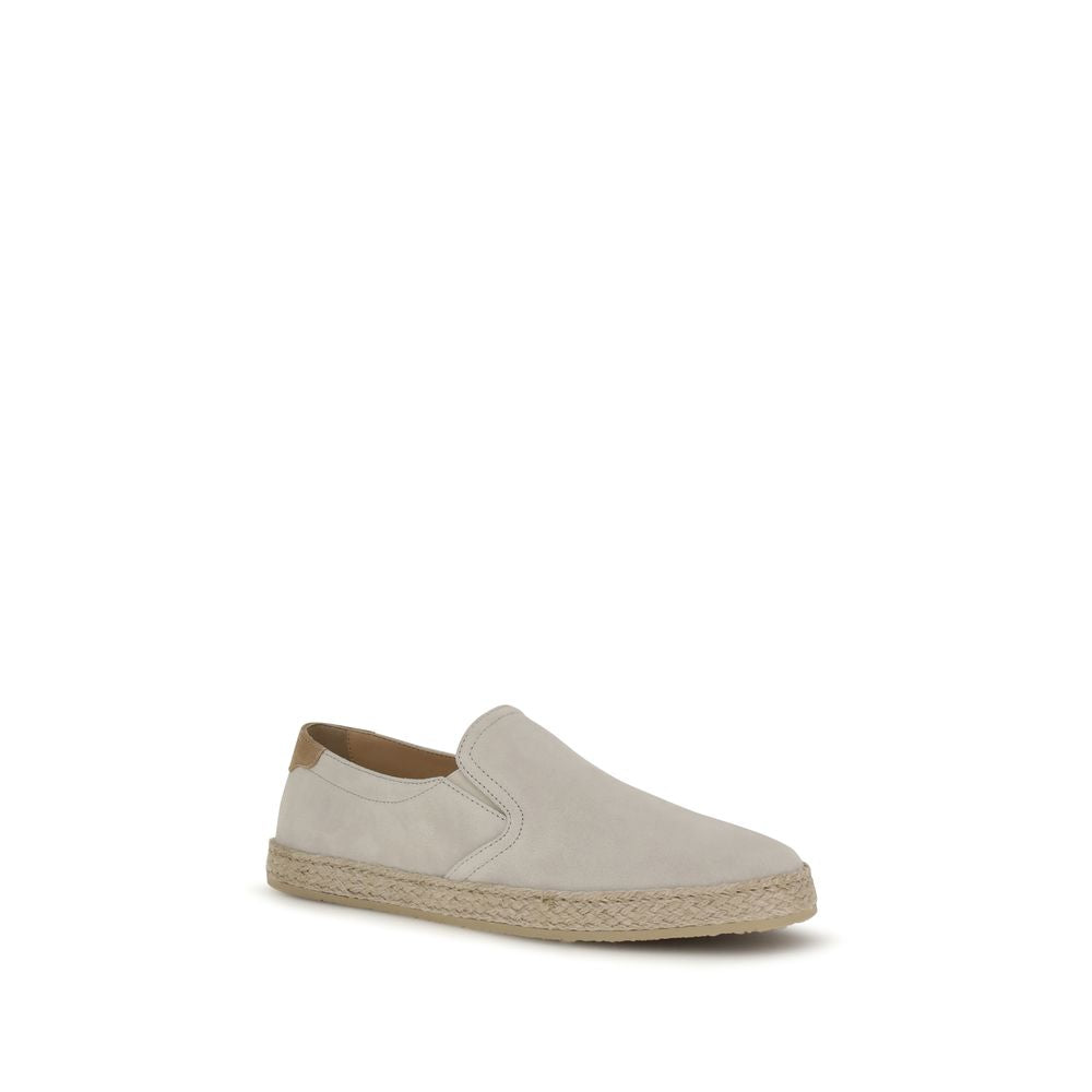 Brunello Cucinelli Men's Low Top Slip On Raffia & Bos Taurus Suede Calf Leather Sneakers - Gray Natural