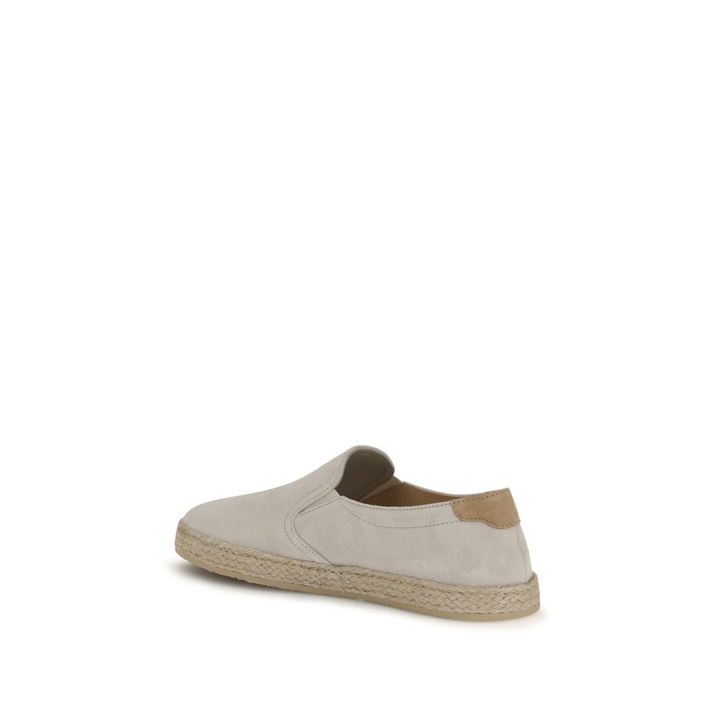 Brunello Cucinelli Men's Low Top Slip On Raffia & Bos Taurus Suede Calf Leather Sneakers - Gray Natural