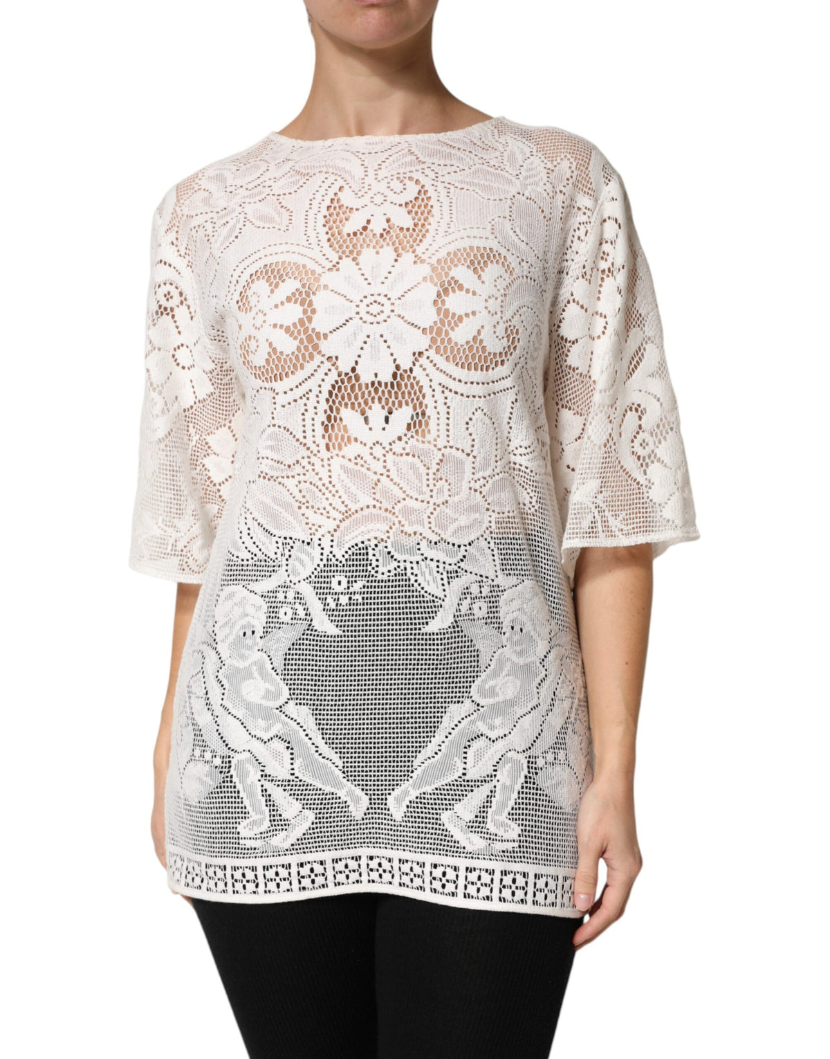 Dolce & Gabbana Women's Short-Sleeve Cotton Lace & Polyamide Blouse - White Patterned Signature