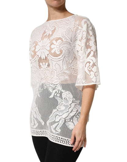 Dolce & Gabbana Women's Short-Sleeve Cotton Lace & Polyamide Blouse - White Patterned Signature