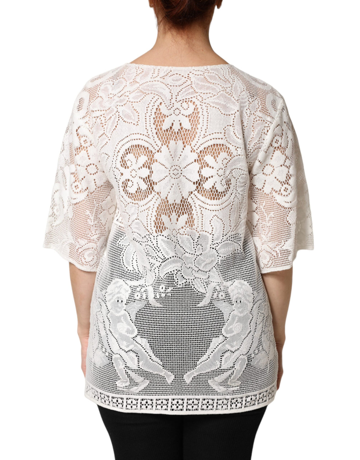 Dolce & Gabbana Women's Short-Sleeve Cotton Lace & Polyamide Blouse - White Patterned Signature