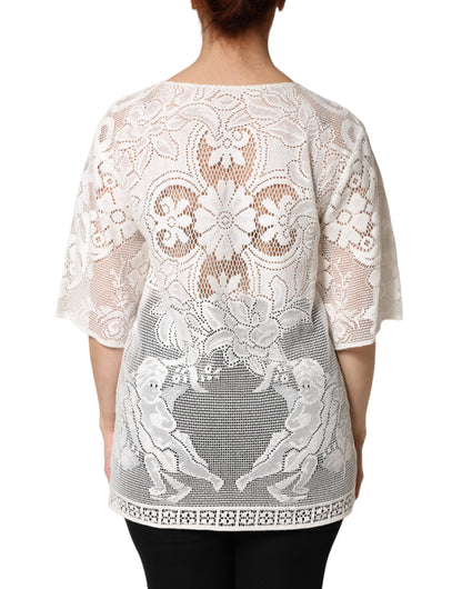 Dolce & Gabbana Women's Short-Sleeve Cotton Lace & Polyamide Blouse - White Patterned Signature