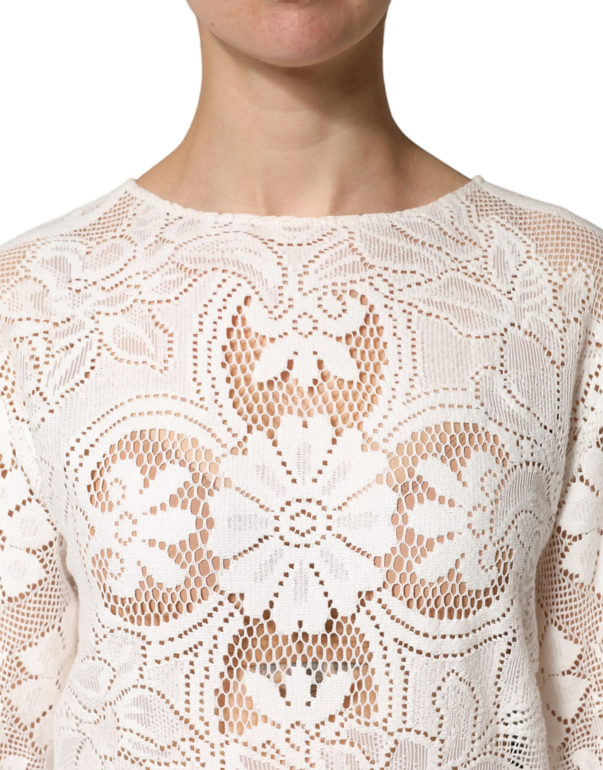 Dolce & Gabbana Women's Short-Sleeve Cotton Lace & Polyamide Blouse - White Patterned Signature