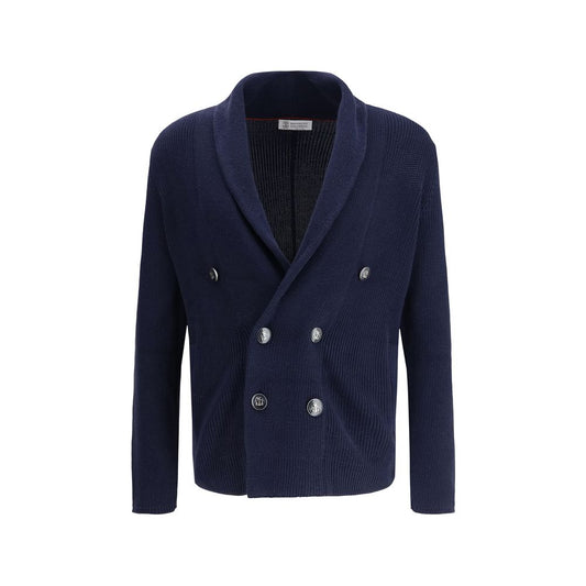 Cardigan by Brunello Cucinelli for men in cotton blue features an crisp silhouette, showcasing a sophisticated shawl-collar neckline and detail for a truly crisp finish.