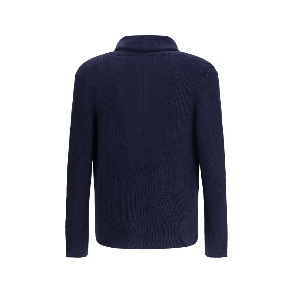 Cardigan by Brunello Cucinelli for men in cotton blue features a dramatic silhouette, showcasing a sophisticated shawl-collar neckline and dramatic detail for a timeless, premium look.