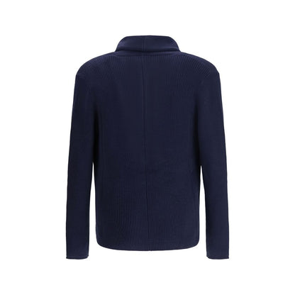 Cardigan by Brunello Cucinelli for men in cotton blue features a dramatic silhouette, showcasing a sophisticated shawl-collar neckline and dramatic detail for a timeless, premium look.
