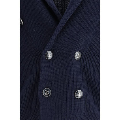 Cardigan by Brunello Cucinelli for men in cotton blue showcases a luxurious silhouette, meticulously detailed with a sophisticated and for a refined finish.