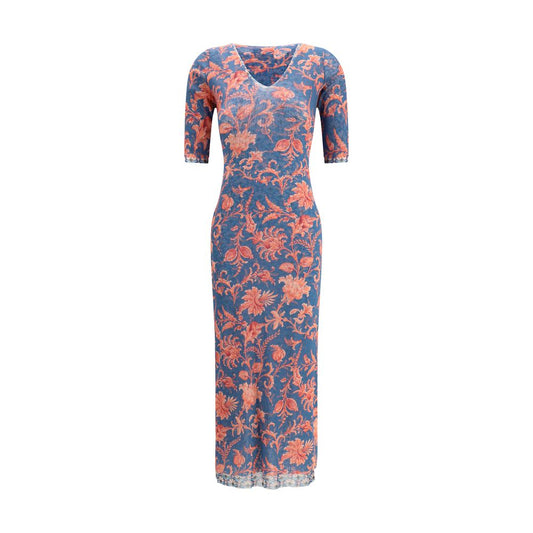 Dress by Etro for women in polyamide & tulle multicolor, patterned, floral & print features an sultry silhouette defined by a v-neck neckline and short-sleeve, falling to an sultry midi short for a sultry look.