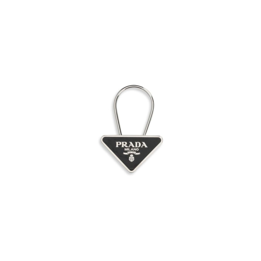 Keychain by Prada for men in polyester polyurethane leather black, featuring an sculptural design with details in and .