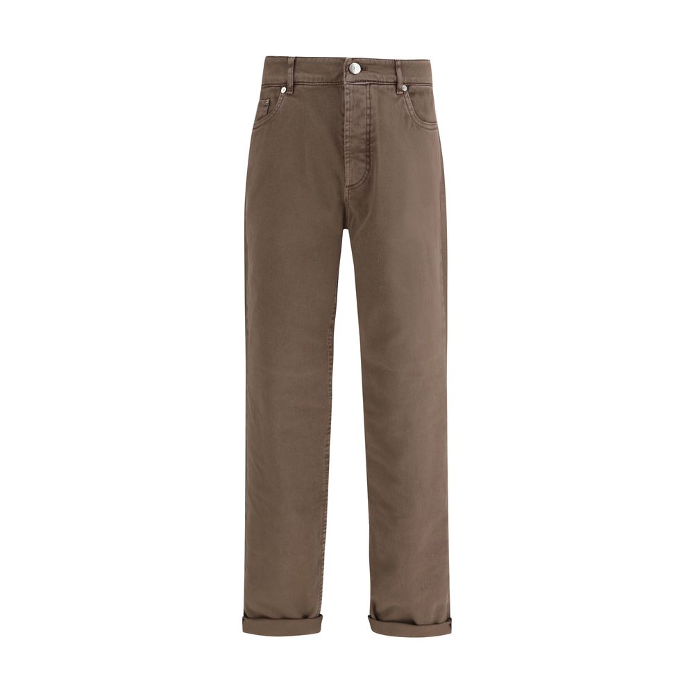 Jeans by Brunello Cucinelli for men in stretch denim cotton brown & signature presents a tailored silhouette, showcasing a tailored relaxed-fit & regular-fit and long cut with a refined for a truly tailored aesthetic.
