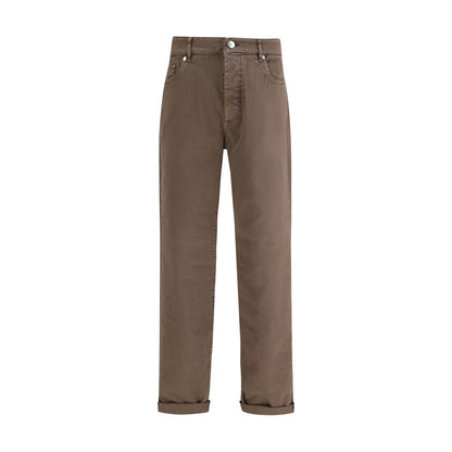 Jeans by Brunello Cucinelli for men in stretch denim cotton brown & signature presents a tailored silhouette, showcasing a tailored relaxed-fit & regular-fit and long cut with a refined for a truly tailored aesthetic.