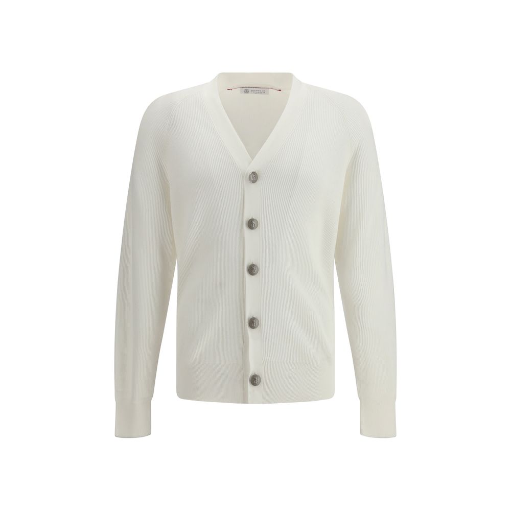 Cardigan by Brunello Cucinelli for men in cotton white & signature features a dramatic silhouette, showcasing a sophisticated v-neck neckline and dramatic detail for a timeless, premium look.