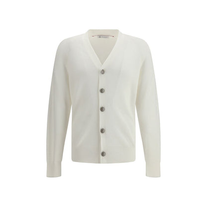 Cardigan by Brunello Cucinelli for men in cotton white & signature features a dramatic silhouette, showcasing a sophisticated v-neck neckline and dramatic detail for a timeless, premium look.