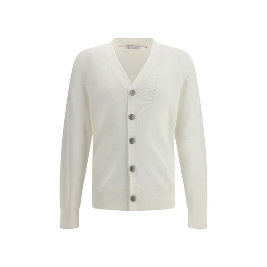 Cardigan by Brunello Cucinelli for men in cotton white & signature features a dramatic silhouette, showcasing a sophisticated v-neck neckline and dramatic detail for a timeless, premium look.