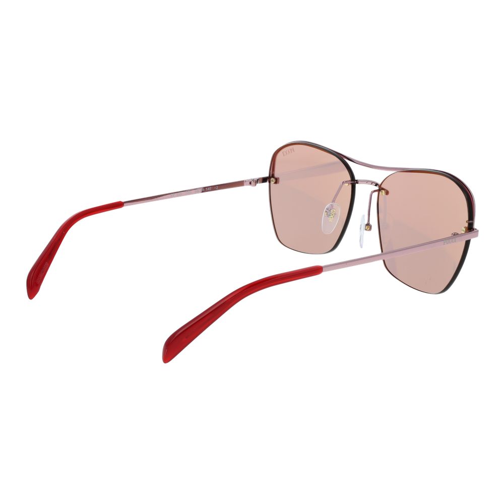 Sunglasses by Emilio Pucci for women in metal rose-gold features an lustrous square frame design with rose-gold coloured frame detailing and mirrored category-2-medium-tint lens for a lustrous aesthetic.