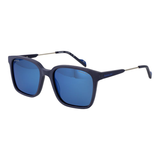 Sunglasses by Reebok for men in plastic and blue presents a sumptuous silhouette, featuring blue coloured frame and full-rim square frame design with polarized mirrored category-3-dark-tint lens for a sumptuous look.