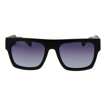 Sunglasses by Polaroid for unisex in plastic black features an ethereal full-rim square frame design with black coloured frame frames and gradient category-3-dark-tint lens for a ethereal finish.