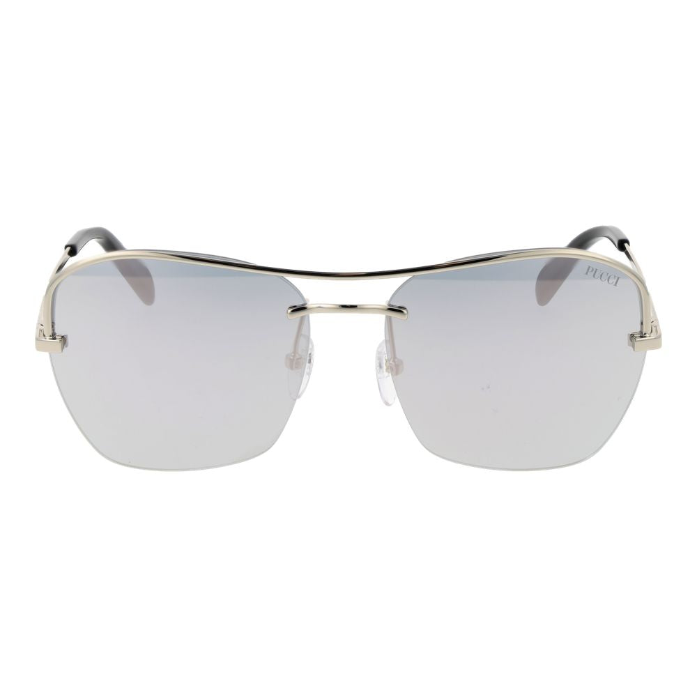 This Sunglasses by Emilio Pucci for women in metal silver presents a sumptuous silhouette, showcasing a sumptuous half-rim square frame design in silver coloured frame and high-performance mirrored category-3-dark-tint lens.