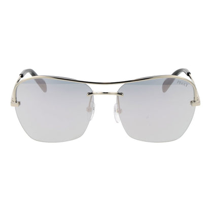 This Sunglasses by Emilio Pucci for women in metal silver presents a sumptuous silhouette, showcasing a sumptuous half-rim square frame design in silver coloured frame and high-performance mirrored category-3-dark-tint lens.