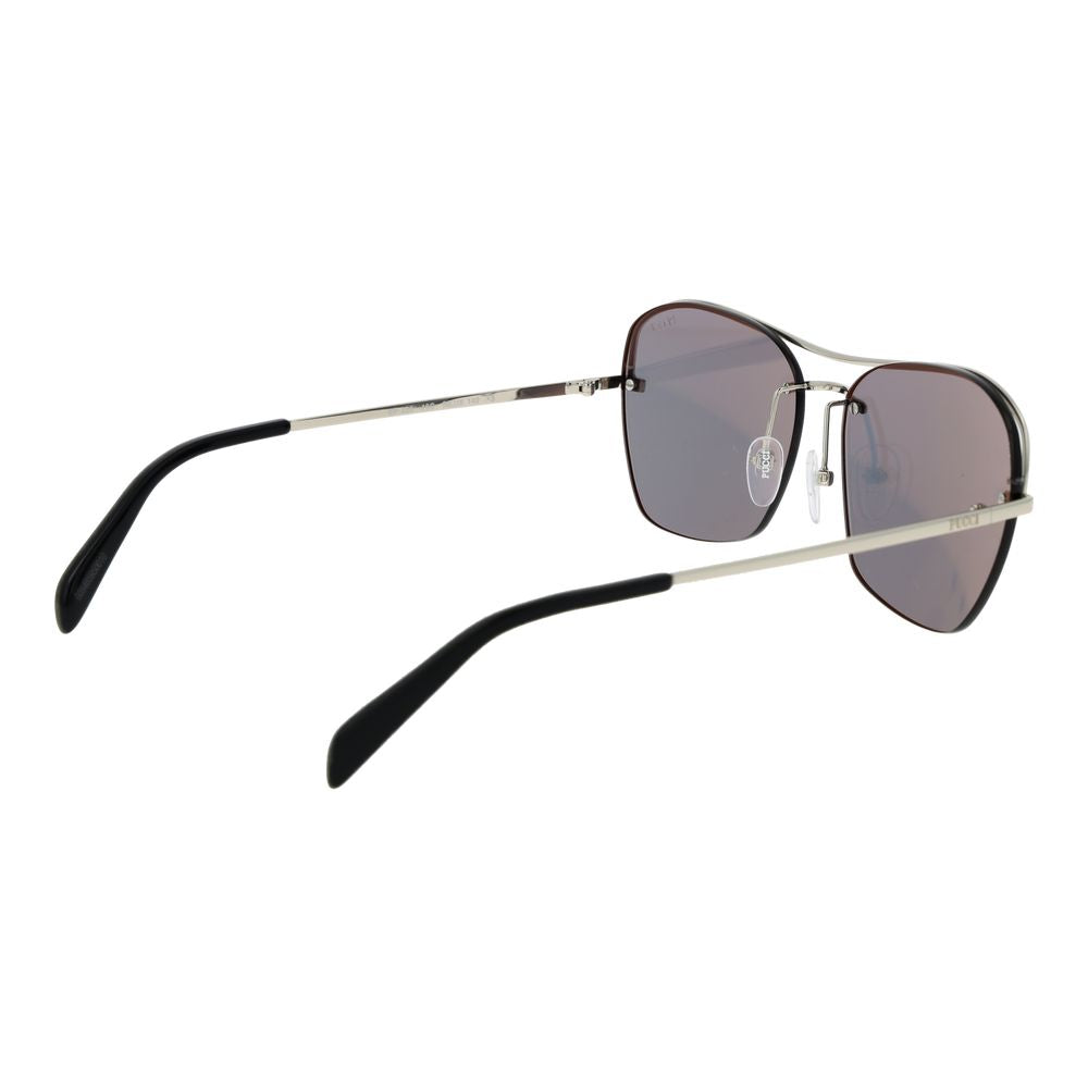 Sunglasses by Emilio Pucci for women in metal and silver featuring an opulent half-rim square frame design with a sophisticated silver coloured frame finish and high-performance mirrored category-3-dark-tint lens.