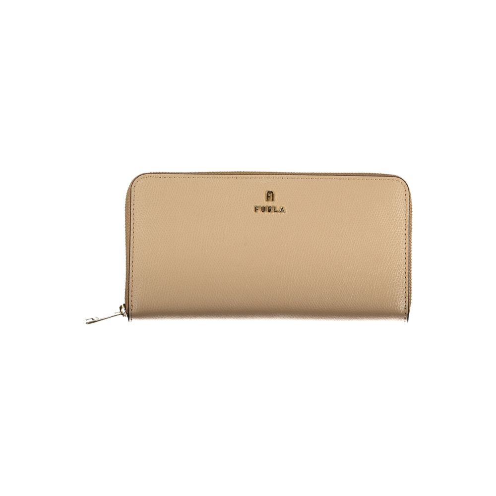 Cardholder Wallet by Furla for women in polyester polyurethane suede leather beige, gold, white & print showcases a discerning silhouette, artfully capturing the essence of Camelia Continental Polyester Polyurethane Suede Leather Cardholder Wallet with its functional card-organization.