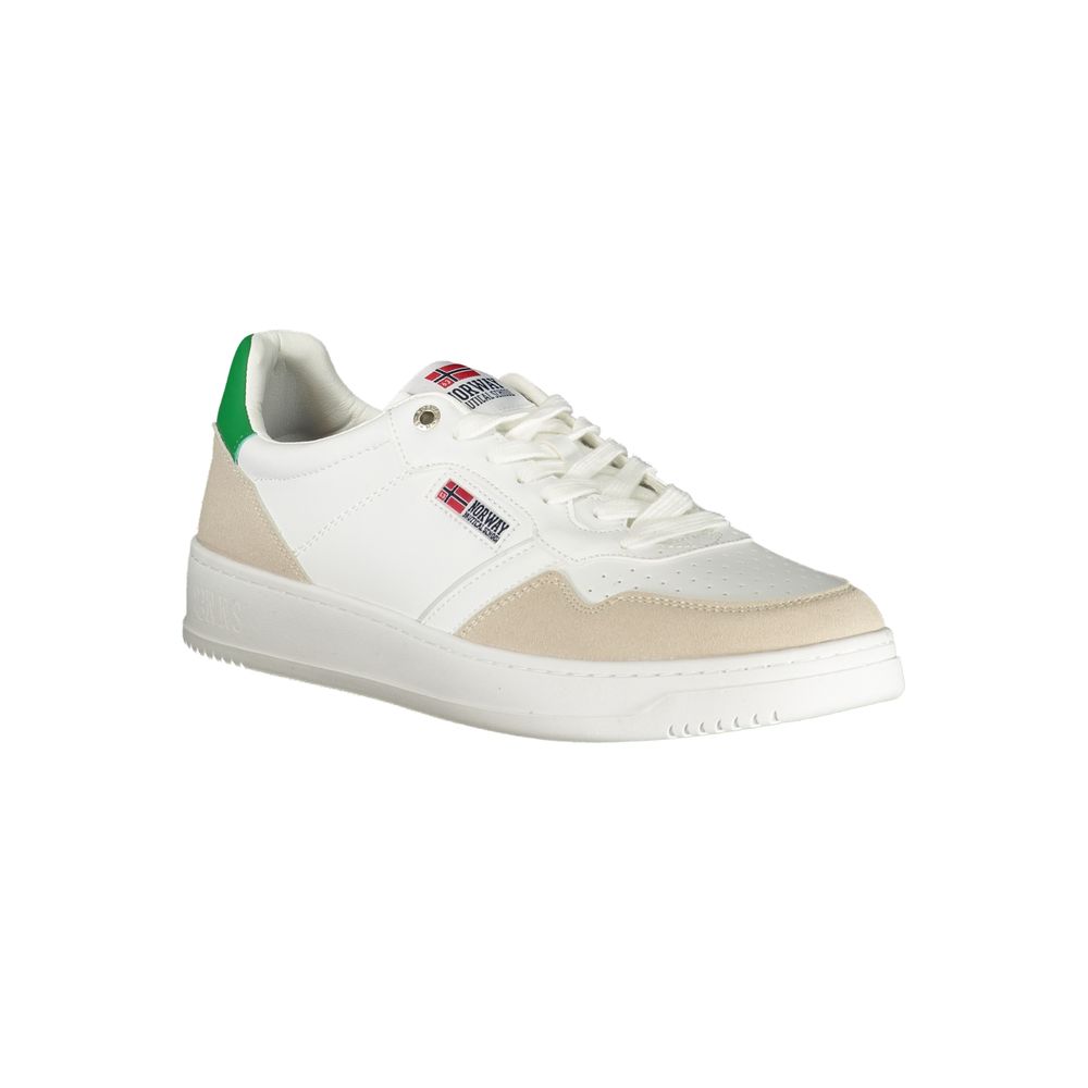 Athletic Sneakers by Norway 1963 for men in polyurethane leather white features an architectural silhouette, showcasing the premium athletic style of the Men's Athletic Polyurethane Leather Sneakers with an architectural finish.