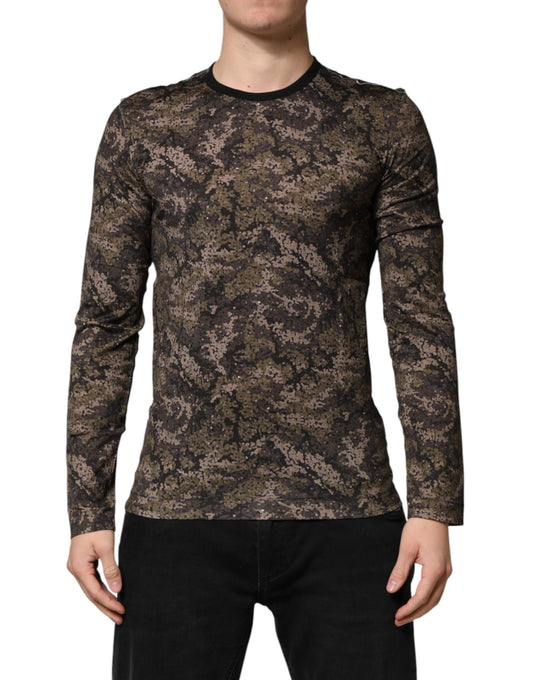 Dolce & Gabbana Men's Long-Sleeve Crew Neck Cotton T-Shirt - Multicolor Patterned Camouflage