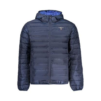 Hooded Windbreaker Jacket by Accademia Militare for men in polyester blue showcases a modern silhouette, integrating lightweight, pockets, hooded & windproof and a modern hooded neckline for a sophisticated finish.