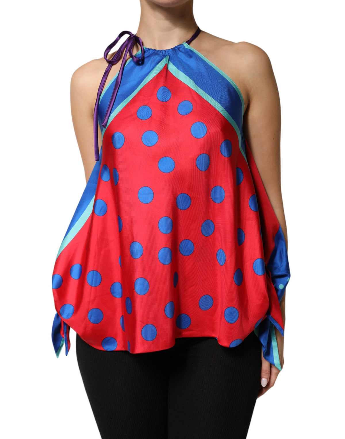 Dolce & Gabbana Women's Sleeveless Halter Neck Silk Blouse - Multicolor Patterned Signature Print