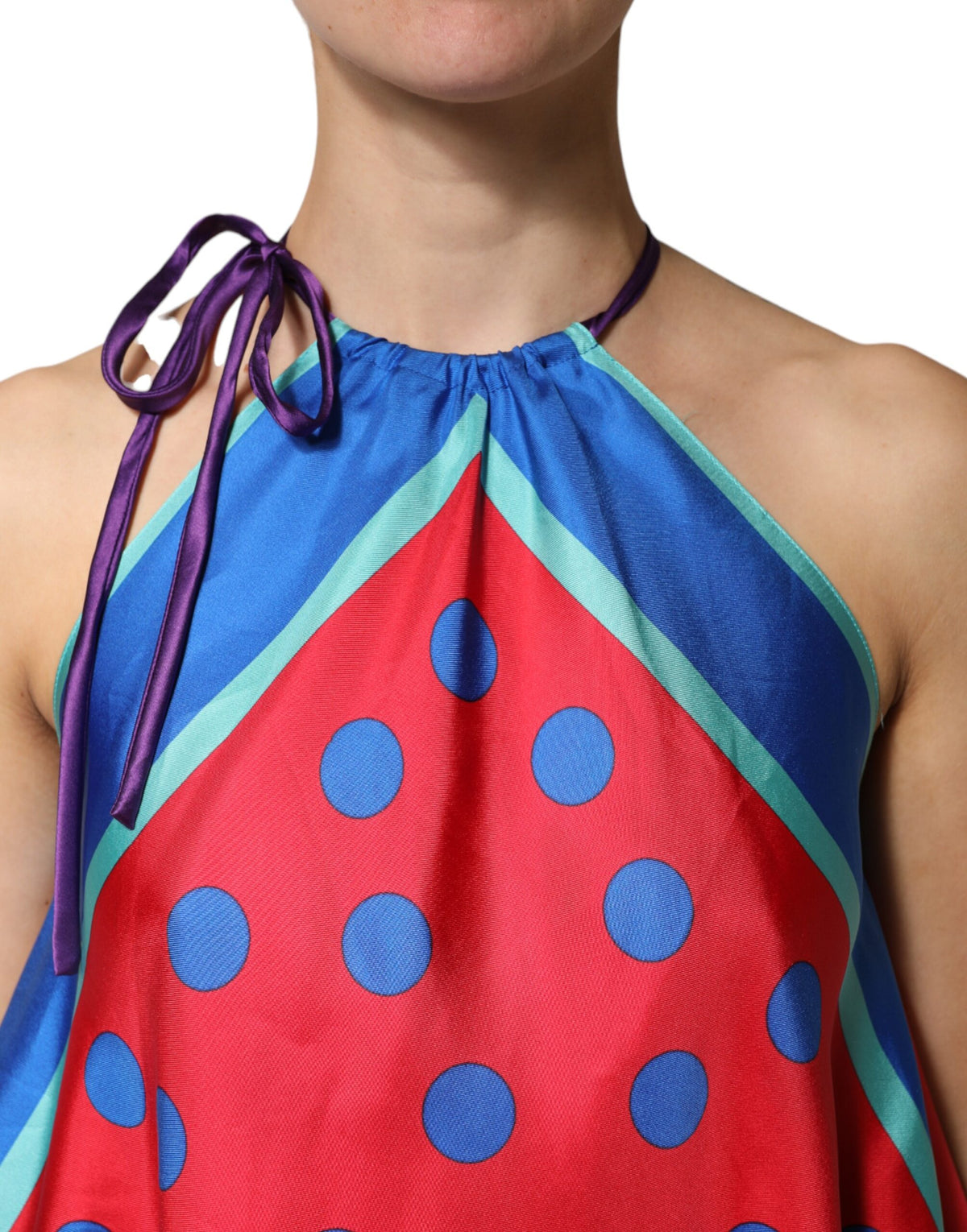 Dolce & Gabbana Women's Sleeveless Halter Neck Silk Blouse - Multicolor Patterned Signature Print