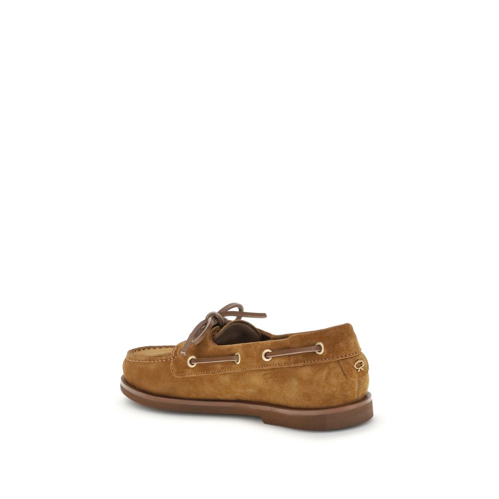 Flat Loafer Slip-On Shoes by Gianvito Rossi for women in bos taurus calf suede leather brown features an ergonomic silhouette, perfectly showcasing Women's Bos Taurus Calf Suede Leather Flat Loafer Slip-On Shoes with its distinct flat and elegant round toe style.