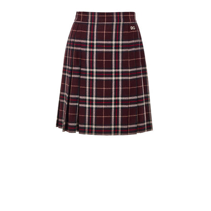 Skirt by Dolce & Gabbana for women in wool bordeaux, burgundy, gold & tartan features a captivating silhouette, showcasing the captivating Women's Pleated Wool Skirt design with a sophisticated mini for a captivating look.