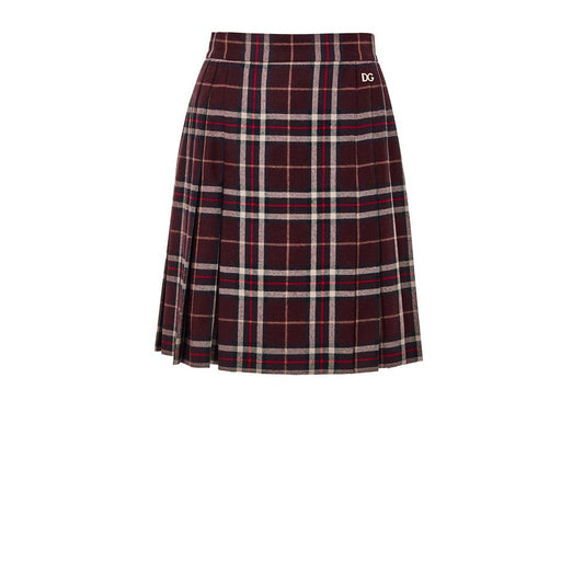 Skirt by Dolce & Gabbana for women in wool bordeaux, burgundy, gold & tartan features a captivating silhouette, showcasing the captivating Women's Pleated Wool Skirt design with a sophisticated mini for a captivating look.
