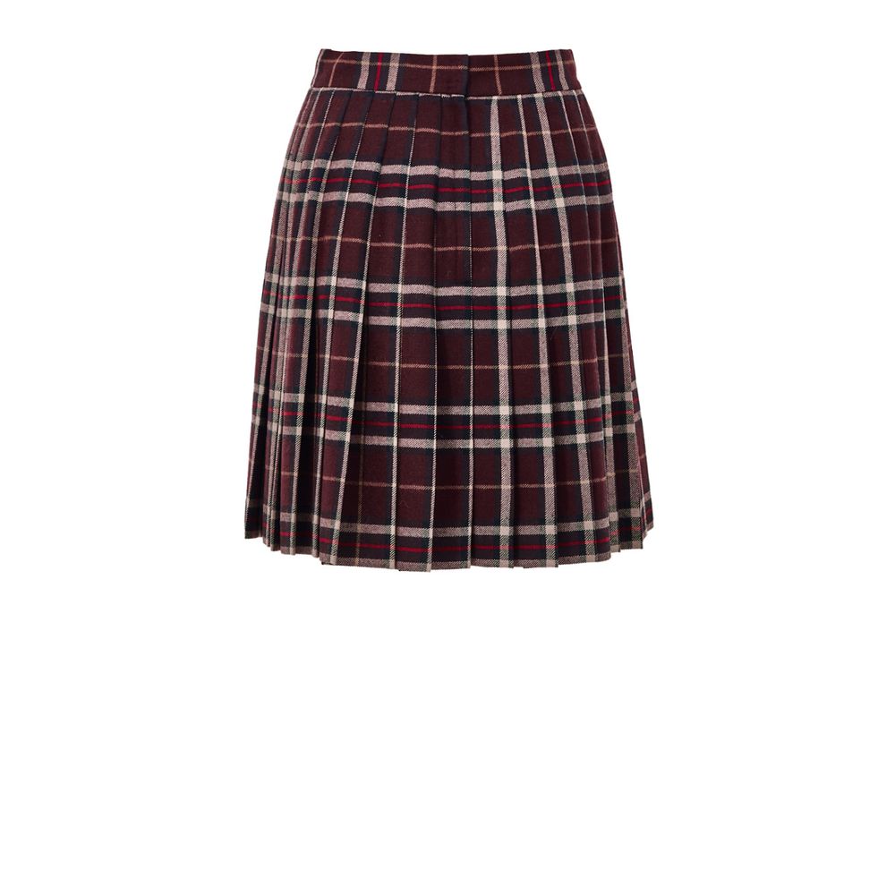 Skirt by Dolce & Gabbana for women in wool bordeaux, burgundy, gold & tartan features a sublime silhouette, showcasing the sublime design of the Women's Pleated Wool Skirt in a sophisticated mini.
