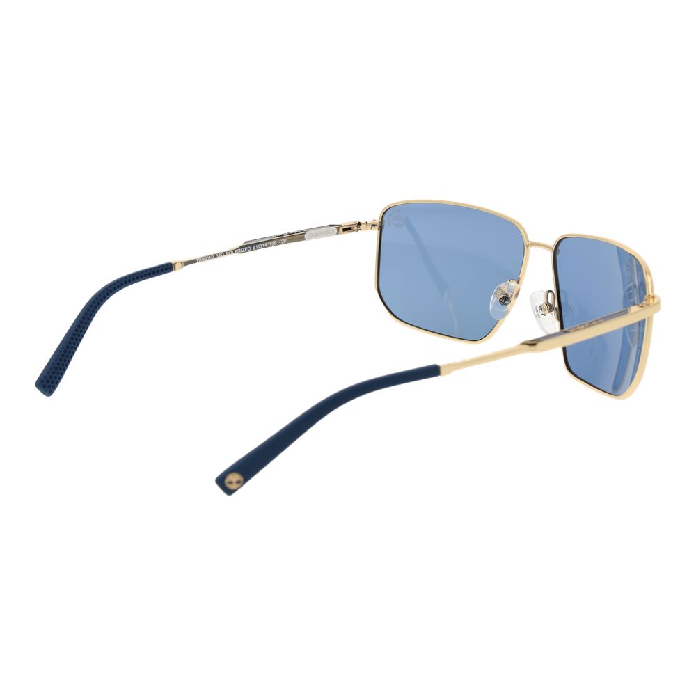 Sunglasses by Timberland for men in metal gold features an lustrous rectangle full-rim frame design with gold coloured frame detailing and polarized category-2-medium-tint lens for a lustrous aesthetic.