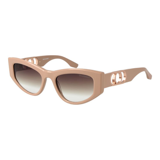 Sunglasses by Trussardi for women in acetate beige features a sumptuous silhouette, showcasing a sumptuous full-rim square frame design in beige coloured frame with high-performance gradient category-3-dark-tint lens.