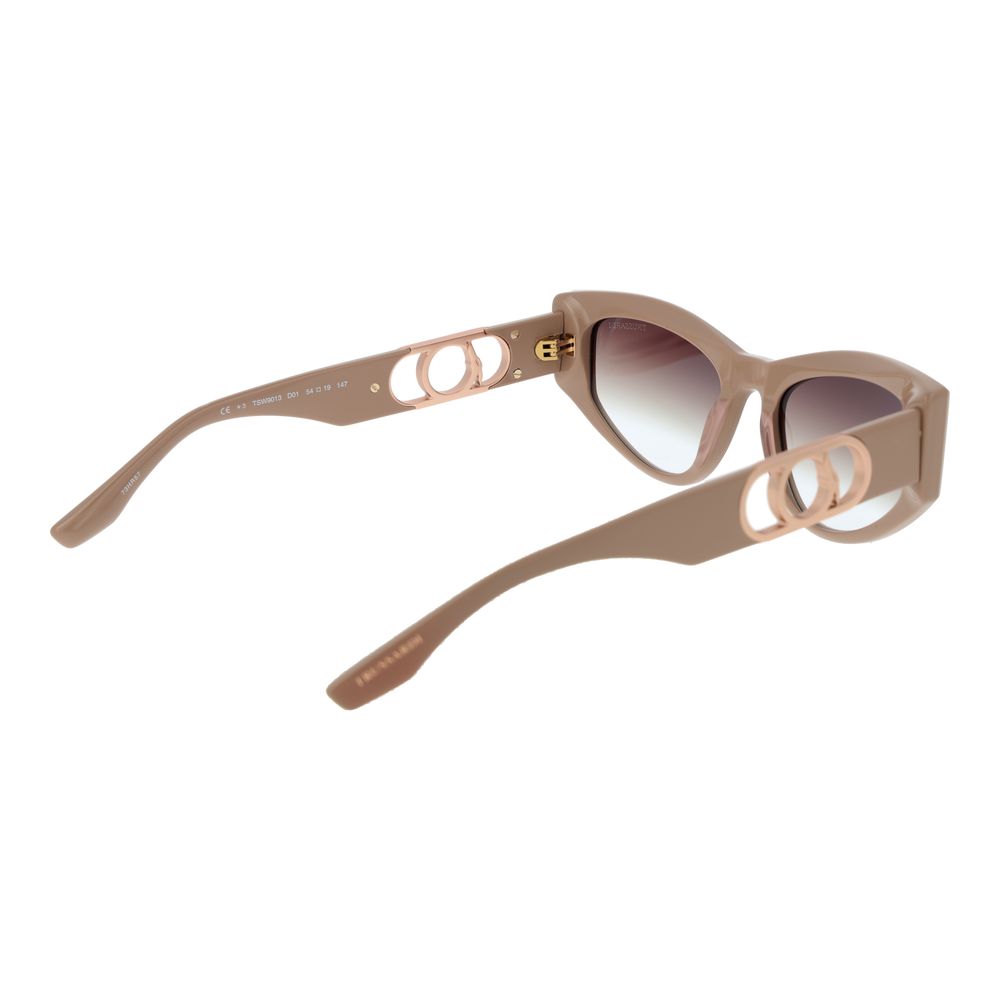 Sunglasses by Trussardi for women in acetate beige features an ethereal full-rim square frame design with beige coloured frame frames and gradient category-3-dark-tint lens for a ethereal finish.