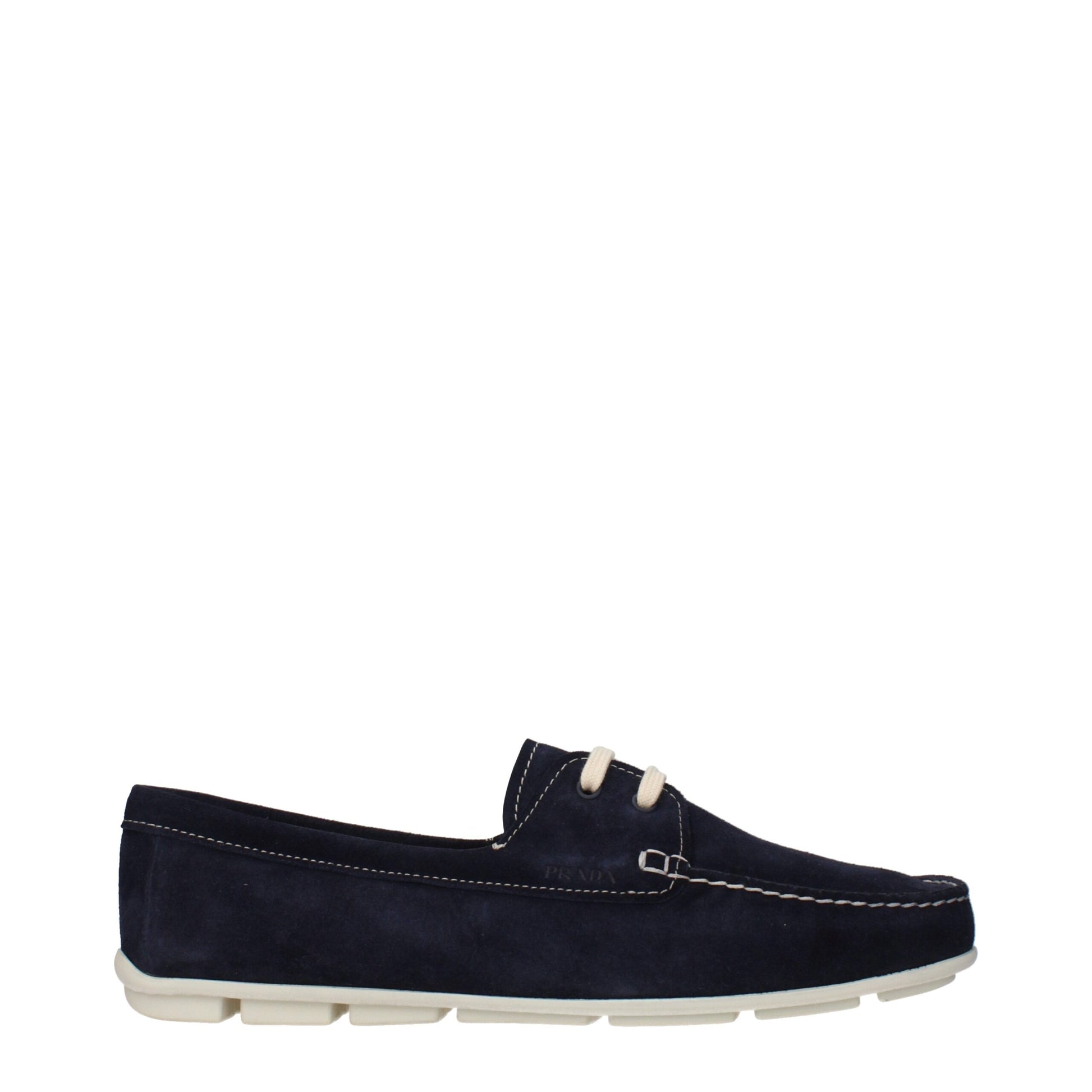 Flat Loafer Slip-On Shoes by Prada for women in suede leather blue features an effortless chic silhouette, showcasing the Women's Suede Leather Flat Loafer Slip-On Shoes design with an effortless chic flat and a for a effortless chic look.