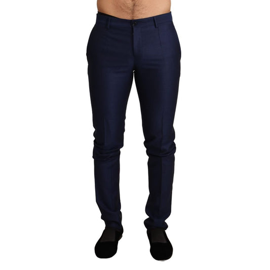 Trousers by Dolce & Gabbana for men in virgin wool & silk navy features an on trend silhouette, showcasing a sophisticated slim with a long and for an on trend finish.