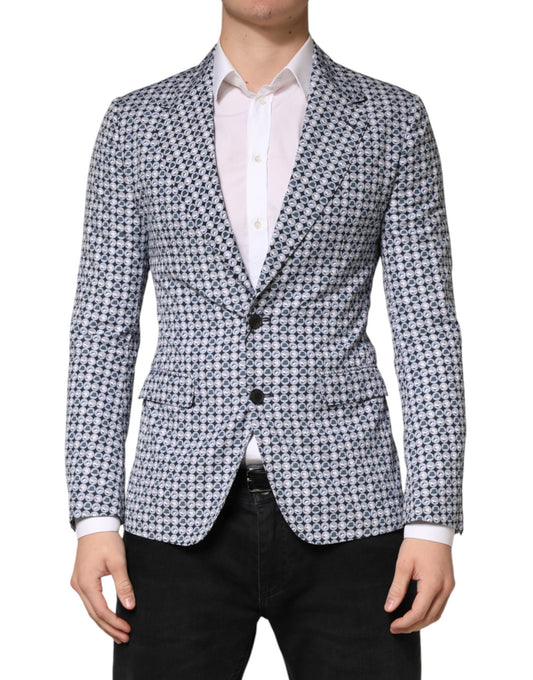 Blazer by Dolce & Gabbana for men in cotton cupro & virgin wool blue & patterned features an sartorial silhouette, showcasing a sophisticated single-breasted neckline and sartorial for a truly sartorial finish.