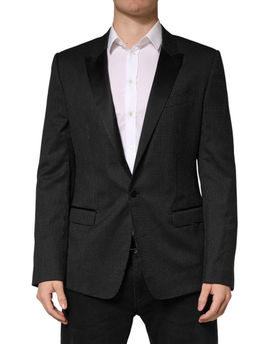Blazer by Dolce & Gabbana for men in virgin wool silk cotton & polyester black showcases a discerning silhouette, elegantly detailed with a sophisticated single-breasted neckline and premium for a truly discerning finish.
