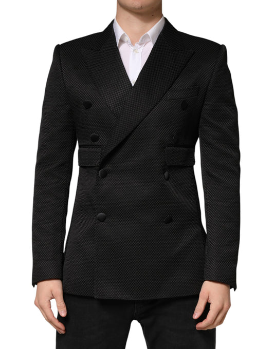 This Blazer by Dolce & Gabbana for men in silk cotton & polyester black presents a tailored silhouette, meticulously tailored with a tailored double-breasted neckline and distinctive for a tailored finish.