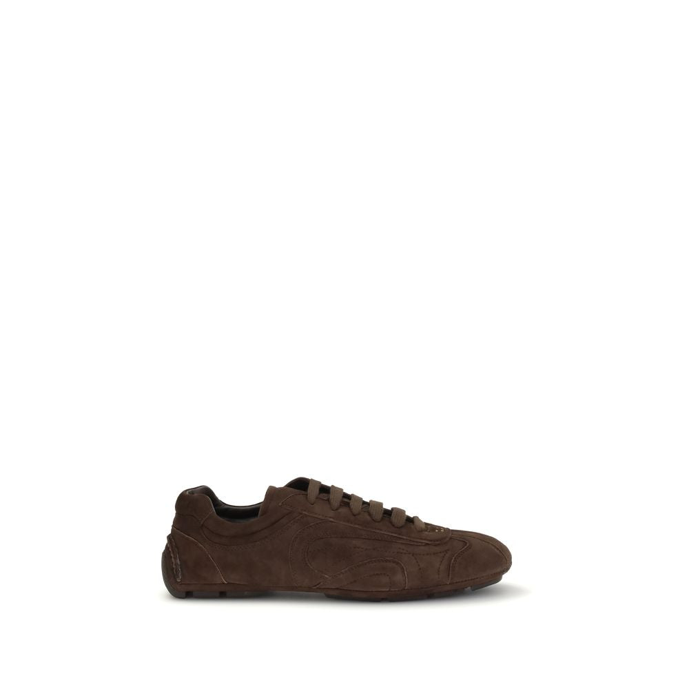 Athletic Sneakers by Prada for men in bos taurus calf suede leather brown & patterned presents a sleek silhouette, perfectly capturing the athletic style essence of Men's Athletic Bos Taurus Calf Suede Leather Sneakers with its sleek design and premium finish.
