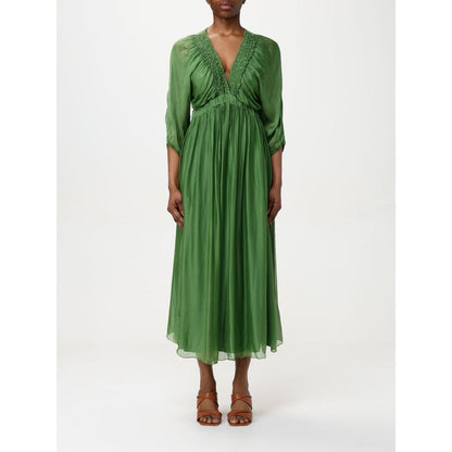 Dress by Kaos for women in silk green features an cute silhouette, detailed with a short-sleeve and that elegantly flows into a cute midi short.