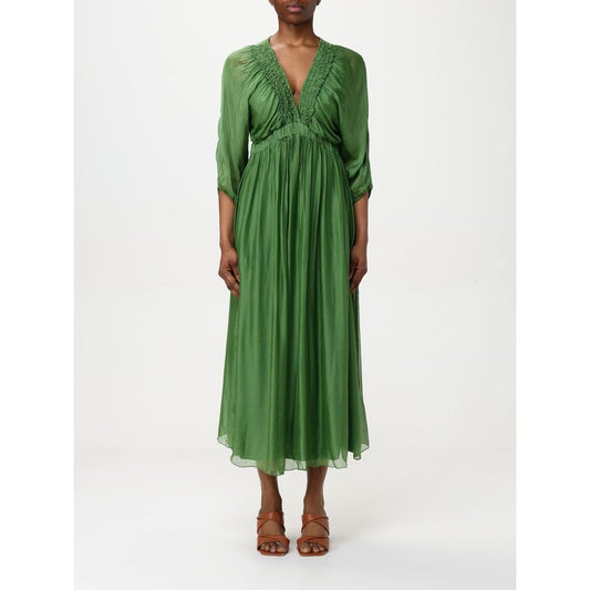 Dress by Kaos for women in silk green features an cute silhouette, detailed with a short-sleeve and that elegantly flows into a cute midi short.