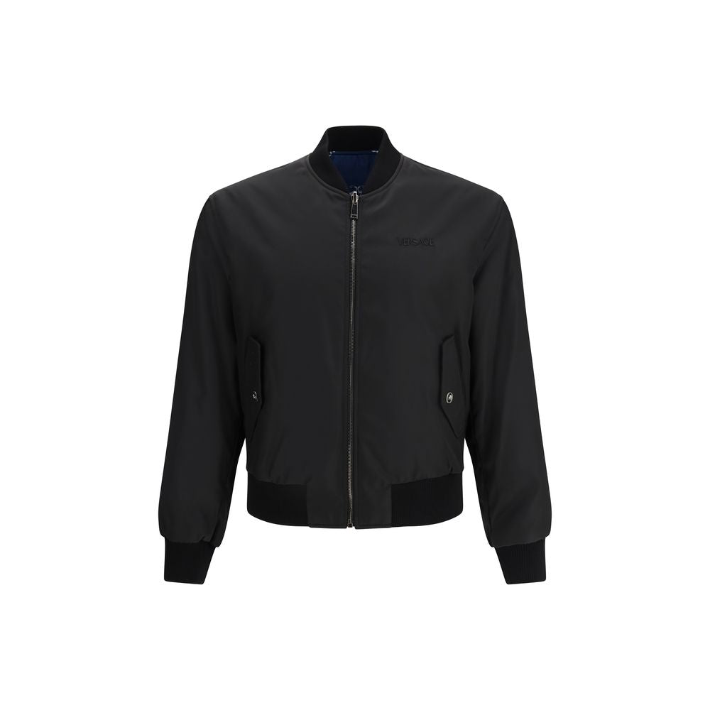 Bomber Jacket by Versace for men in polyamide viscose black & signature features a city-ready silhouette, detailed with pockets and a city-ready .