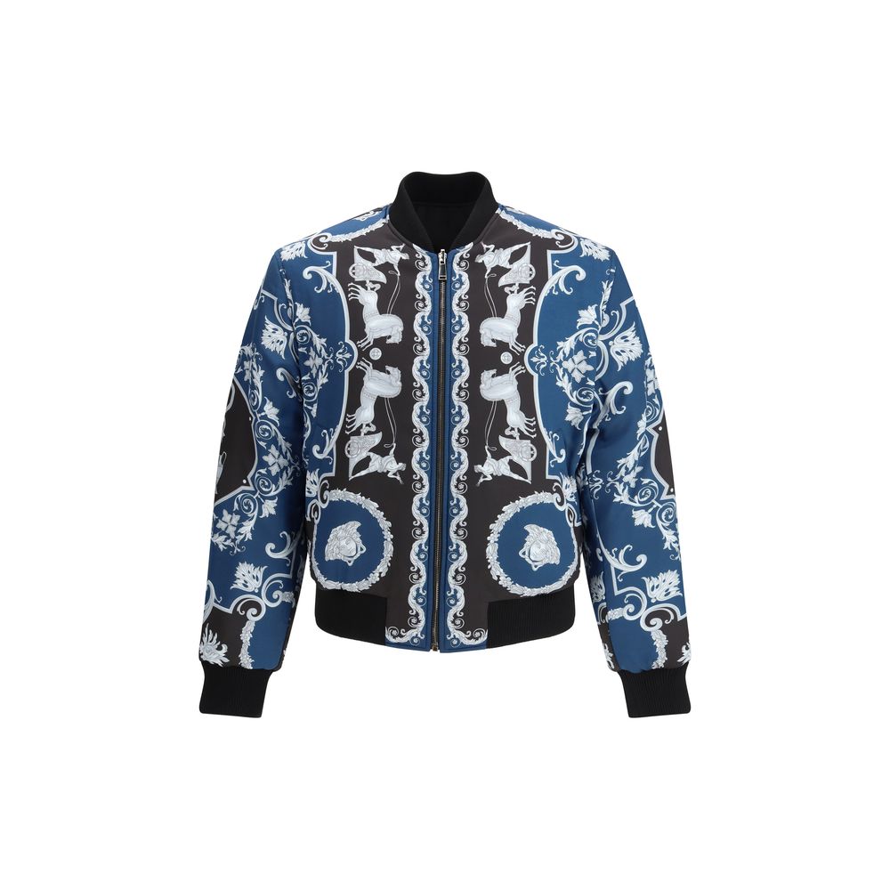 This Bomber Jacket by Versace for men in polyamide viscose black & signature exhibits a edgy silhouette, meticulously detailed with functional pockets and a edgy for a edgy finish.