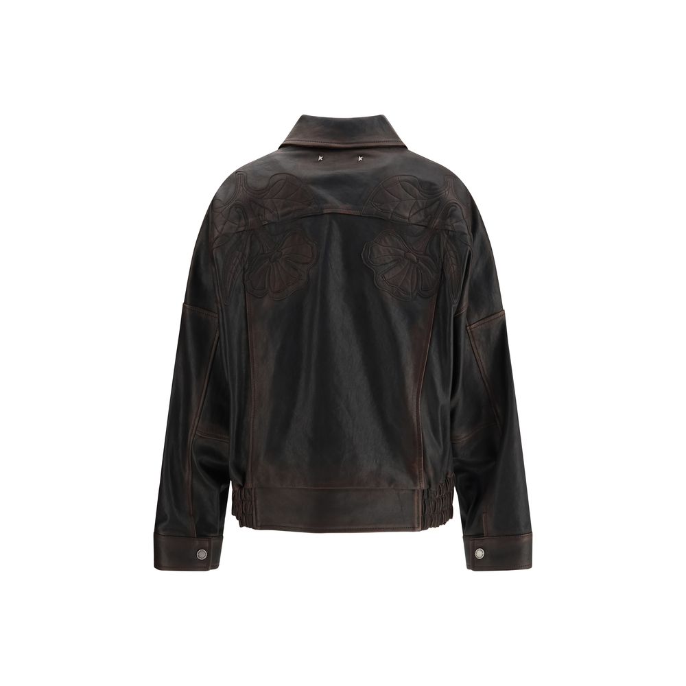 Bomber Jacket by Golden Goose for women in nappa goatskin leather & viscose brown, silver & floral features a dramatic silhouette, showcasing a sophisticated and distinctive pockets for a dramatic aesthetic.