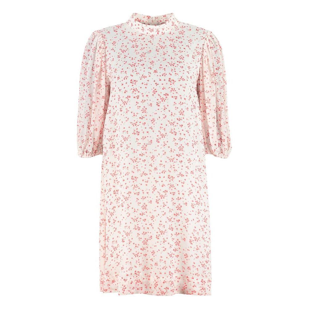 Dress by Ganni for women in viscose white & patterned features a dramatic silhouette, showcasing an elegant and that flows into a dramatic midi.