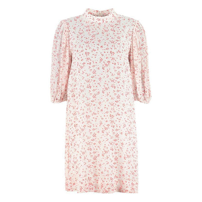 Dress by Ganni for women in viscose white & patterned features a dramatic silhouette, showcasing an elegant and that flows into a dramatic midi.